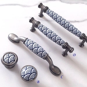 3.75 5 Cabinet Pull Dresser Knobs Pulls Drawer Knob Handles Blue White  Mermaid Tail Scallop Geometric Fish Scale Scallops Antique Pewter 