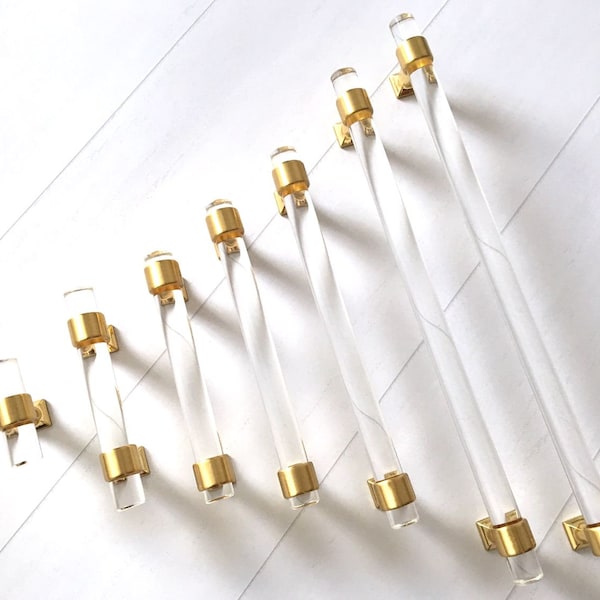 2" 3 3.25 3.5 3.75" 4 4.25" 4.5 3 1/2 5.5 6 7 8 Acrylic Cabinet Pulls Glass Look Lucite Drawer Pull Dresser Handle Brushed Gold Brass 76 96