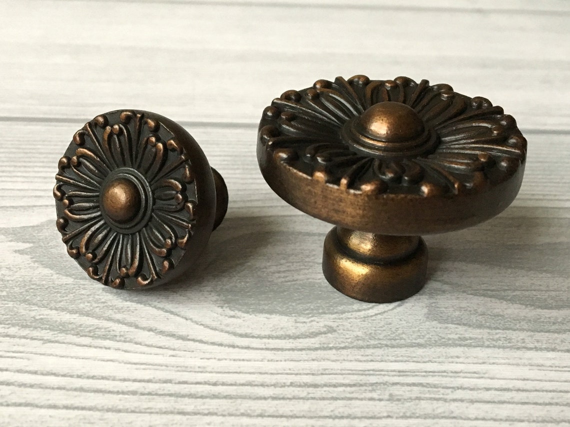 Floral Knobs Blossom Dresser Knob Dark Antique Brass Kitchen Etsy