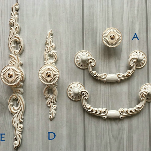 Shabby Chic Dresser Knob Pull Drawer Knobs Pulls Handles Cream White Gold French Country Kitchen Cabinet Handle Pull  Ornate Decorative