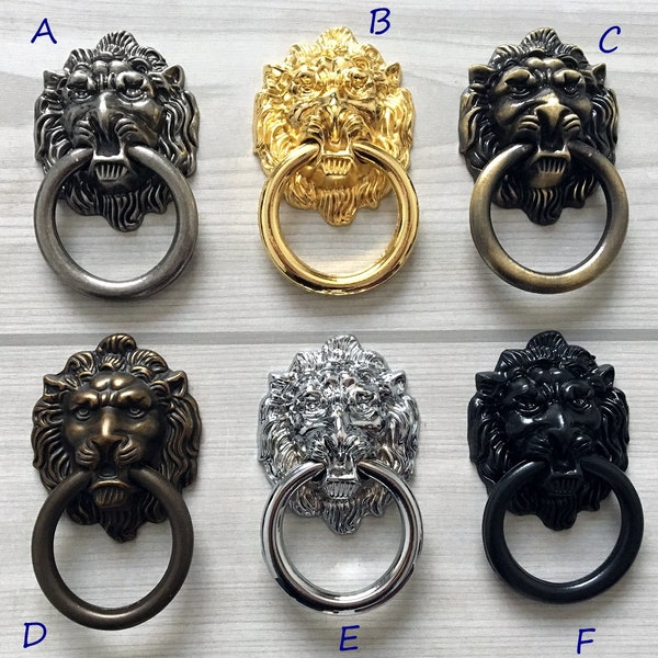 Lion Knob Door Knocker Lion Head Dresser Drawer Pull Knobs Ring Antique Bronze Gold Black Silver Brass Pewter Cabinet Pulls Lynns Hardware