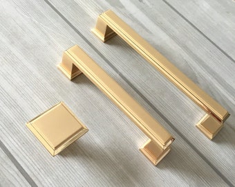 3.75" 5" Gold Drawer Pull Handles Dresser Knobs Cabinet Pulls Brushed Gold Kitchen Cabinet Handle Square Rectangular 96 128 Lynns Hardware