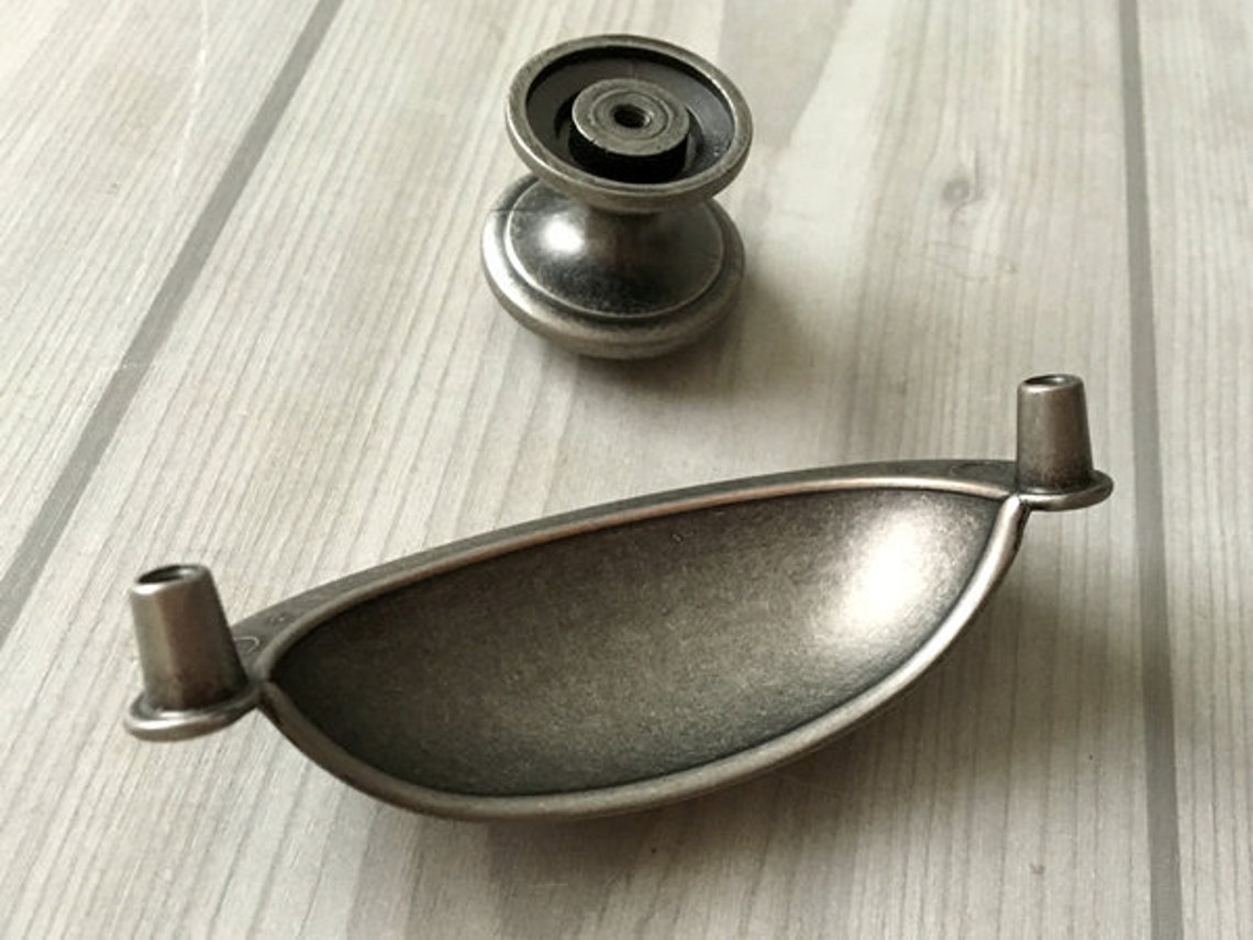 3 Cup Drawer Pull Antique Black Silver Pewter Bin Pull Etsy