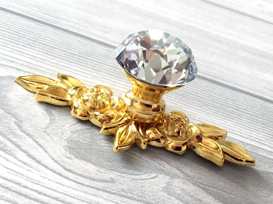 Gold Crystal Drawer Knobs Glass Dresser Knob Pulls Handle Clear Rhinestone Kitchen Door