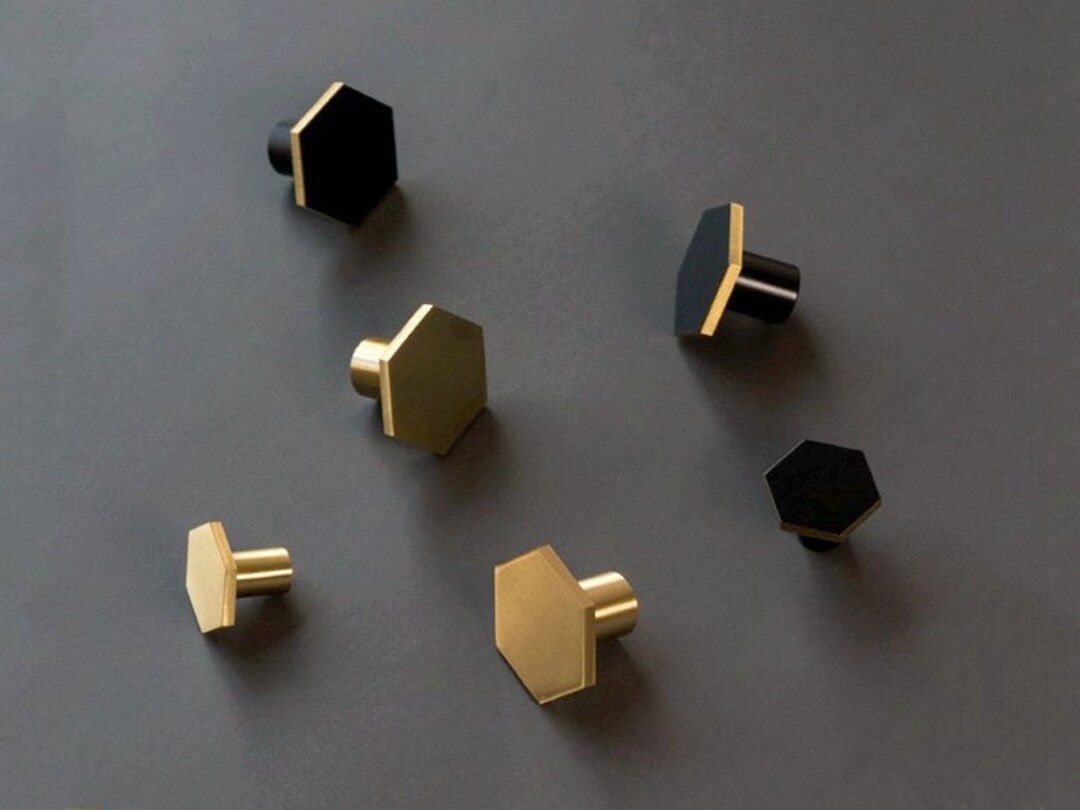 Brass Knob Hexagon Knobs Hexagonal Knob Black Gold Mid Etsy
