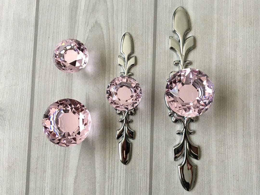 Pink Glass Dresser Knob Pull Crystal Drawer Knobs Pulls Handle Silver