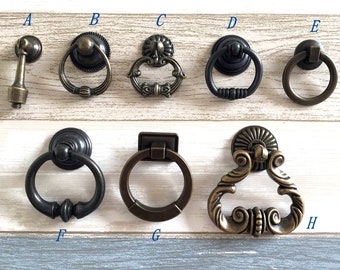 Vintage Look Knob Pull Drawer Knobs Single Pull Antique Bronze Cabinet Knob Pulls Dresser Knobs Drop Ring Mid Century Rustic Lynns Hardware