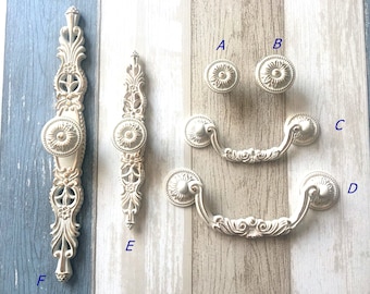 Shabby Chic Drawer Pulls Handle Knob Back Plate Cream White Gold Bail Cabinet Pull Swing Dresser Handles Lynns French Provincial Hardware