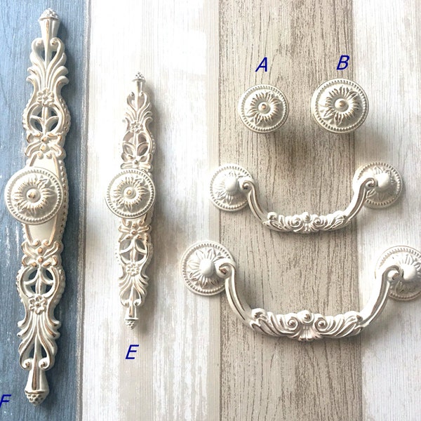 Shabby Chic Drawer Pulls Handle Knob Back Plate Cream White Gold Bail Cabinet Pull Swing Dresser Handles Lynns French Provincial Hardware