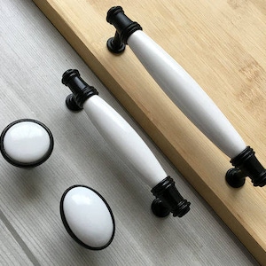 3.75" 5" Kitchen Cabinet Door Handles Pulls Knobs Black White Dresser Drawer Pull Handle Hardware Porcelain Handles Lynns Hardware 96 128 mm