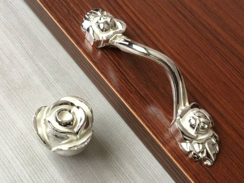 3 75 Rose Knobs Flower Dresser Knob, White Dresser Silver Knobs