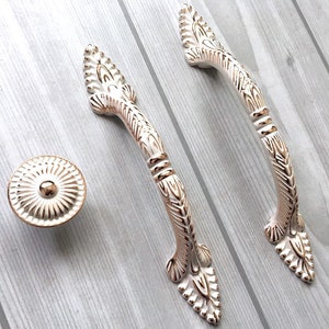 3.75 5 Shabby Chic Drawer Pull Handles Dresser Pulls Handles Creamy White Gold Lynns Hardware Kitchen Cabinet Door Handle Pull 96 128 mm image 3