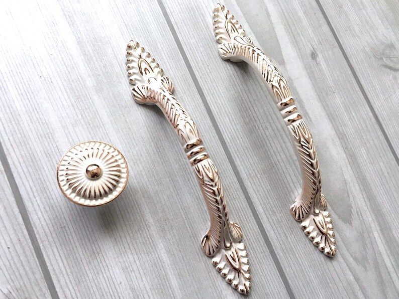 3.75 5 Shabby Chic Drawer Pull Handles Dresser Pulls Handles Creamy White Gold Lynns Hardware Kitchen Cabinet Door Handle Pull 96 128 mm image 3