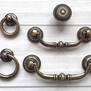 3.5" 4.25" Drop Bail Drawer Pull Dresser Handles Knob Ring Antique Bronze Cabinet Handle Vintage Style 3 1/2 4 1/4" 90 108 mm Lynns Hardware