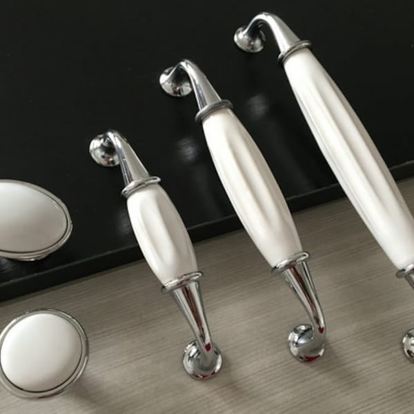 3.75" 5" 6.25" 7.5" Cabinet Pull White Drawer Pulls Handles Dresser Knobs Ceramic Kitchen Silver Lynns Hardware Handle 96 128 160 192 mm