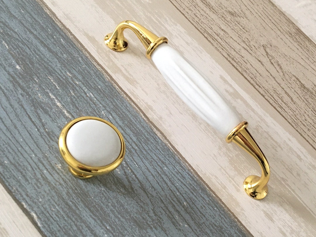 5 Gold White Drawer Pull Handles Dresser Knobs Pulls Ceramic Kitchen