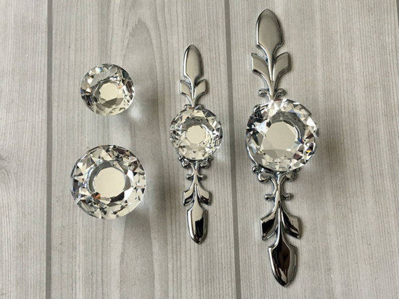 Glass Dresser Knob Pull Crystal Drawer Knobs Pulls Handle Silver Clear Rhinestone Cabinet Door Back Plate Bling Blings Lynns Hardware