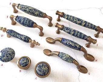 3" 3.75" 5" Drawer Pulls Handles Knobs Dresser Cabinet Pull Kitchen Handles Ceramic Blue Wave Wavy Gold Bronze Lynns Hardware 76 96 128 mm