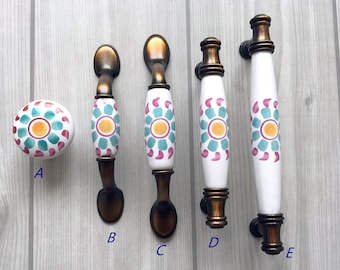 3" 3.75" 5" Cabinet Handle Floral Brass White Dresser Knobs Pulls Handles Ceramic Drawer Pull Kitchen Door Knobs Lynns Hardware 76 96 128 mm