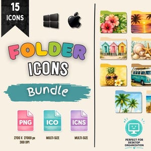 Puede incluir: Un paquete digital de 15 iconos de carpeta para ordenador con ilustraciones de temática tropical y playera. El conjunto incluye imágenes de flores de hibisco, atardeceres, olas del mar, limonada, casetas de playa, conchas, veleros, flamencos, piñas, furgonetas, picnics, chanclas, palmeras, castillos de arena y gafas de sol.