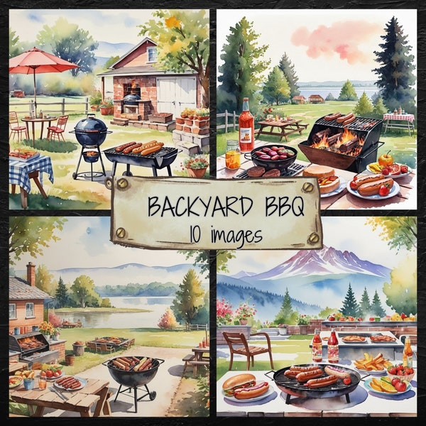 Watercolor Backyard Barbeque Digital Paper Pack, Summer Themed Digital Scrapbooking Paper, BBQ Backgrounds,Picnic Junk Journal Illustrations