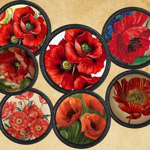 Mohn Blumen Digitale Collage Sheets Printable Downloads für Kronkorken Anhänger Basteln Scrapbooking 25mm Kreise als jpg, svg, png und eps