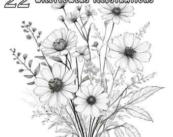 Wildflower Drawings Clipart | Black and White Botanical Line Art | Minimalist Floral Illustrations | Nature Inspired Flower PNG Set