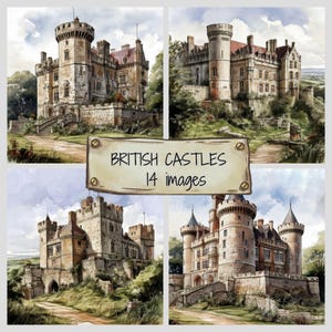 British Castle JPG Clip Art Set, Fairy Tale Scrapbooking Papers, Ancient Medieval Castle Illustrations,Middle Ages Architecture Backgrounds