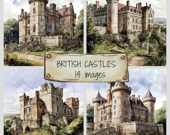 British Castle JPG Clip Art Set, Fairy Tale Scrapbooking Papers, Ancient Medieval Castle Illustrations,Middle Ages Architecture Backgrounds