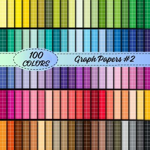 Peut inclure: Un ensemble de 100 papiers numériques à quadrillage de différentes couleurs. Les papiers sont disposés en rangées de 10, chaque rangée présentant un dégradé de couleurs différent. Le texte "100 COLORS" et "Graph Papers #2" est affiché en haut de l'image.