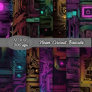 Circuit Board Digital Paper Pack,Neon Circuit Board Pattern Backgrounds, High-Tech Glow for Creative Projects, Tech Inspired Scrapbook Paper