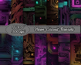 Circuit Board Digital Paper Pack,Neon Circuit Board Pattern Backgrounds, High-Tech Glow for Creative Projects, Tech Inspired Scrapbook Paper