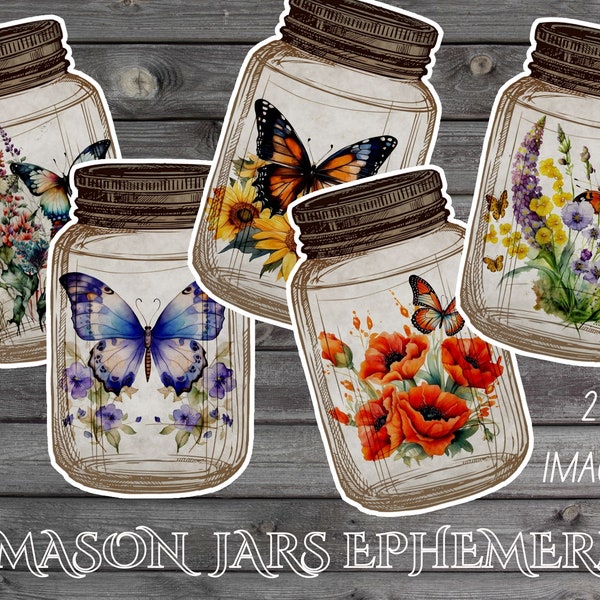 Mason Jar Printable Junk Journal Ephemera, Journal Supplies, Junk Journal Tags, Vintage Butterfly, Flower Ephemera, French Ephemera Kit