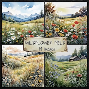 Aquarel Wildflower Meadow Digital Paper Pack, Flower Field Digital Scrapbooking Paper, Summer Illustrations, Spring Landscape Background