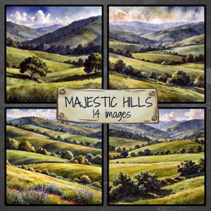 Green Hills Clip Art Bundle,Watercolor Landscape Prints, Scenic Backgrounds,Nature Art, Printable Graphics,Rolling Green Hills Illustrations