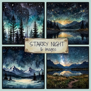 Lot JPG aquarelle nuit étoilée | Clipart Ciel étoilé | Arrière-plans imprimables cosmiques| Illustrations étoilées| Graphismes de nuit de rêve