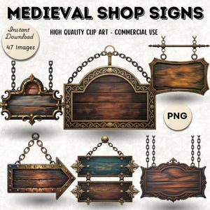 May include: A selection of medieval shop signs with wooden planks, decorative metal frames, and hanging chains. The signs are in various shapes, including rectangular, arched, and arrow designs. The image includes the text "MEDIEVAL SHOP SIGNS" and "HIGH QUALITY CLIP ART - COMMERCIAL USE."