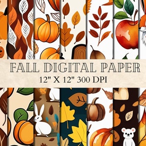 Fall / Autumn Digital Paper Pack -  Fall Pattern Paper, Autumn Scrapbook Digital Paper Pack, Pumpkin,  Apple, Leaves, Animals Pattern Papers