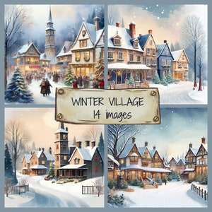 Conjunto de imágenes prediseñadas en formato JPG de pueblos invernales, papeles para álbumes de recortes de pueblos nevados, ilustraciones de paisajes urbanos festivos, imágenes de calles antiguas, invierno festivo