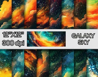 Paquete de papel digital Galaxy Sky, papeles de fondo celestial, papel para álbum de recortes de cielo nocturno, cielo nebuloso, papel imprimible de estrellas cósmicas, Galaxy Sky