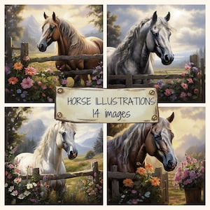 Horse Behind The Fence Digital Paper Pack, Vintage Horses Digital Scrapbooking Paper, Horse Inspired Backgrounds, Horse Junk Journal