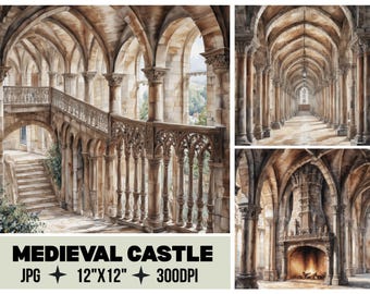 Medieval Castle Digital Paper Pack, Watercolor Castle Interior JPG, Gothic Castle Backgrounds, Fantasy Scrapbook Paper 12x12