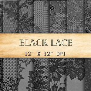 Black Lace Digital Paper Pack - Vintage Lace Pattern Digital Background - Grunge Lace Printable Scrapbook Paper - Wedding Texture Paper