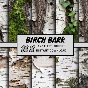 May include: A collection of birch bark textures, featuring white, brown, and green hues. The image includes the text "BIRCH BARK" and details about the size and resolution: 12" x 12" and 300DPI. The words "INSTANT DOWNLOAD" are also visible.
