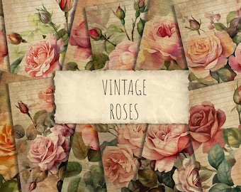 Papeles digitales de rosas vintage, páginas de diario basura imprimibles, papel digital de diario basura de flores de scrapbooking, conjunto de papel de rosas #02