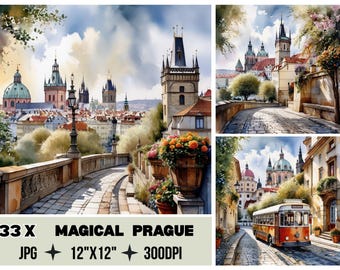Prague Watercolor Digital Papers,Prague Cityscape Scrapbook Paper Pack,European Street,Backgrounds,Czech Rpublic JPG,Travel Watercolor Art