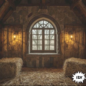 May include: Rustic interior scene with a large arched window overlooking bare trees. The room features stone and wood walls, two hay bales, and two wall-mounted lanterns. The floor is covered in straw.