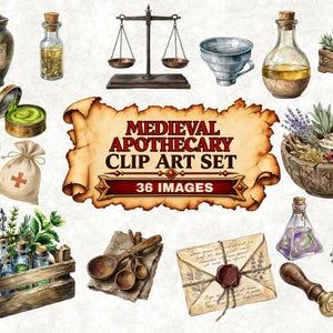 May include: A digital collection of 36 medieval apothecary clip art images featuring watercolor illustrations of glass bottles, wooden crates with herbs, a mortar and pestle, a balance scale, a wax-sealed envelope, and a wooden chest with plants.