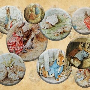 Peter Rabbit - Digital Collage Sheet - 1 inch Round Circles - INSTANT DOWNLOAD, Printable Beatrix Potter Illustrations - Commercial Use