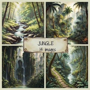 Paquete de papel digital con temática de la selva de acuarela, papel de scrapbooking digital del bosque de la selva, fondos de la naturaleza, ilustraciones de la selva tropical